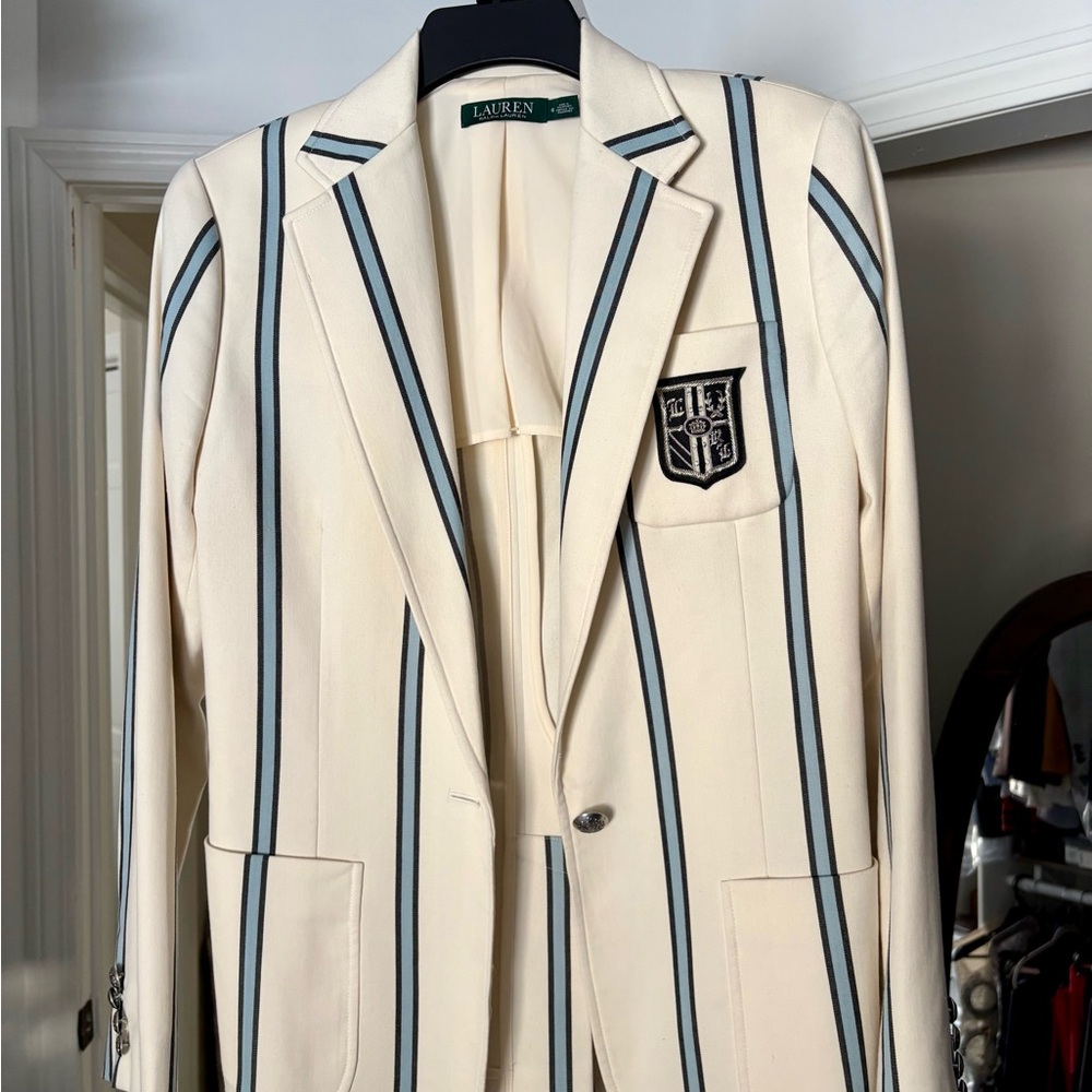 Vintage Ralph Lauren Striped Cream Blazer with Emblem